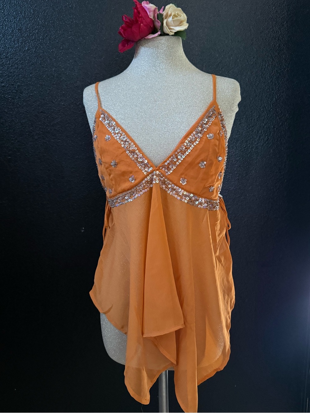 Embellished Orange Spaghetti Strap Women's Top